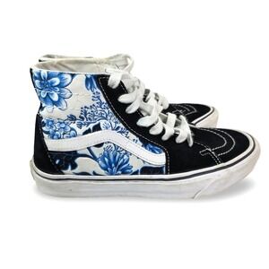 Vans Sk8-Hi High Top Shoes Black White Floral Blue Canvas Women 8 Men 6.5